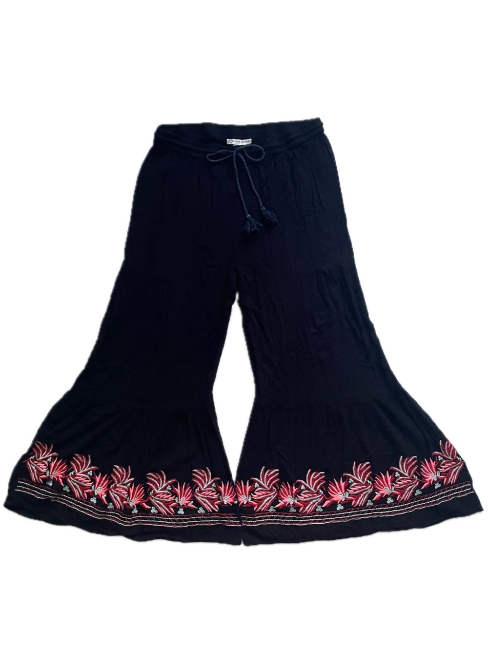 Black Embroidered Flared Pants with Pink Floral Border. One size fits the most